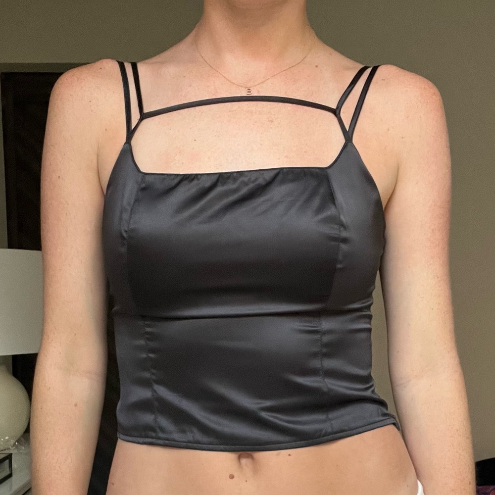 Satin black strappy top with side zipper